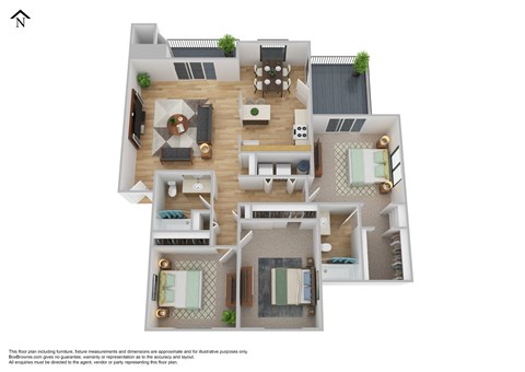 Floor plan for 3 beds, 2 baths, 1273 sqft